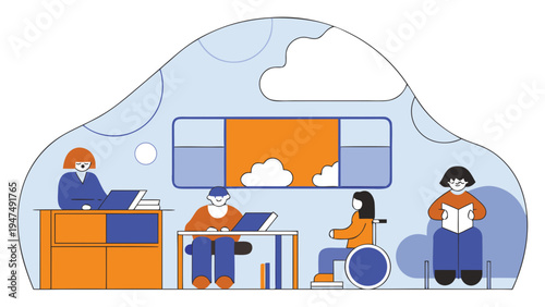 Individuals read and work in an inclusive shared space, including a person using a wheelchair.