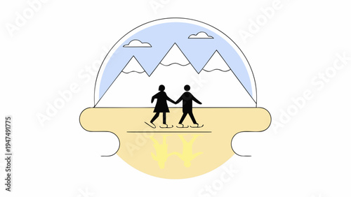 Couple walks hand in hand on a scenic path with mountains and clouds in the background.