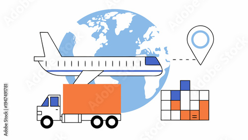 Airplane, delivery truck, and cargo containers represent a global logistics network.