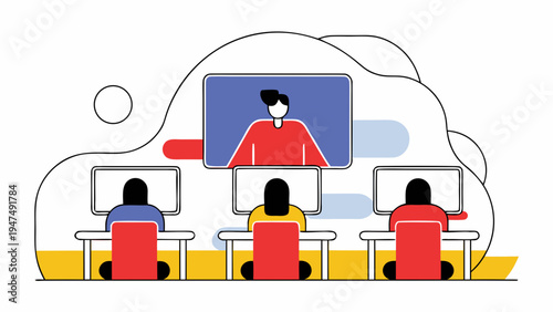 Employees participate in a virtual online meeting or e-learning session with a presenter.