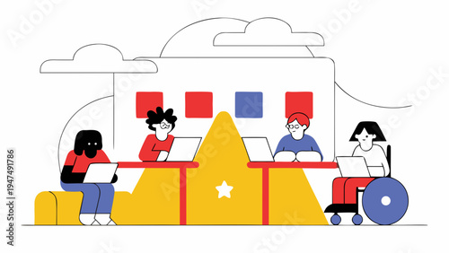 Diverse people work on laptops in a modern office setting, fostering collaboration and inclusion.