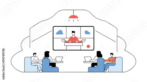 People attend a video conference meeting in a modern co-working space setting.