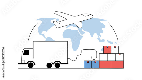 Global shipping involves truck transportation and air freight delivery of cargo boxes.