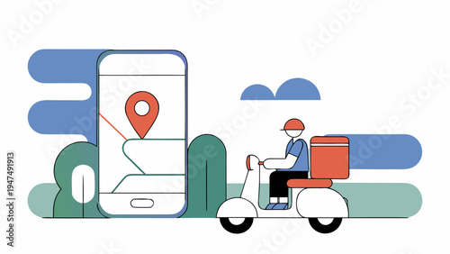 Delivery person rides a scooter next to a large smartphone showing map navigation.
