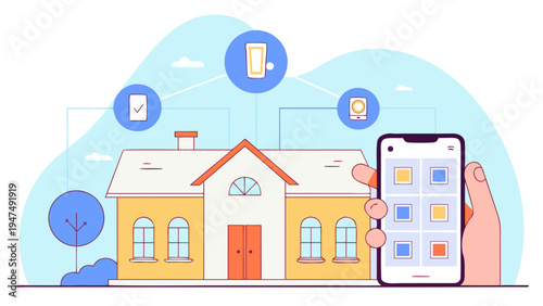 Hand holds a large smartphone displaying a grid interface controlling house features wirelessly.