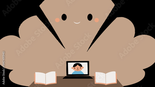 Giant smiling brown cloud figure watches a child on a small laptop screen.