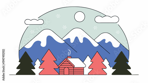 Small log house rests in a snowy clearing surrounded by colorful evergreen trees.