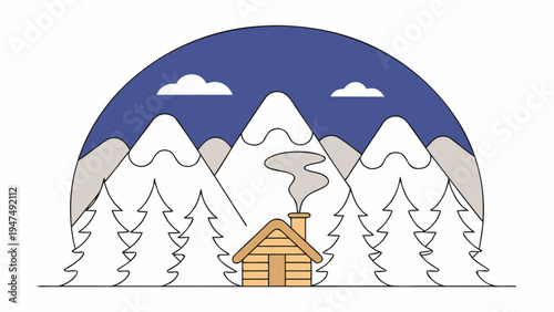 Wooden cabin sits nestled among evergreen trees beneath snowy mountains.