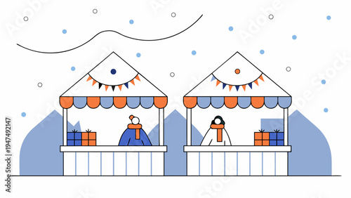 Two vendors sell winter merchandise from decorated market stalls in the snow.