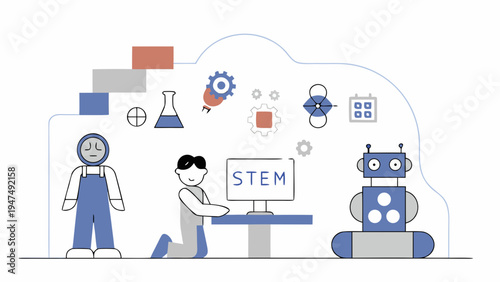 Students engage in science and technology education surrounded by related icons.