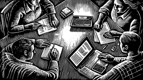 Four business people collaborate around a table using laptops and documents.