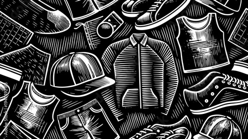 A collection of streetwear items is displayed in a woodcut style pattern.