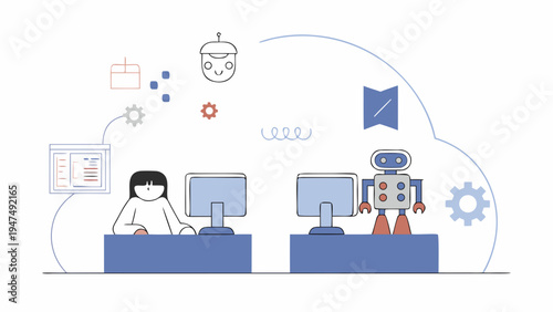 Woman works at computer next to a robot illustrating automation concepts.