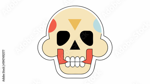 Stylized graphic skull features geometric colorful accents on a white background.