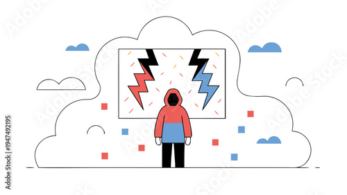 Figure observes an abstract depiction of conflicting forces symbolized by lightning.