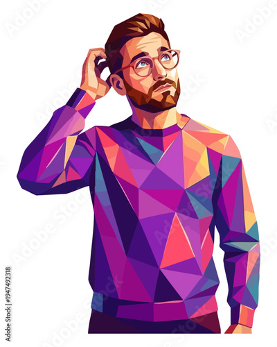 Thoughtful man in low poly geometric art style scratching head. Creative professional confused, pondering idea, colorful vector style. Pensive young man with glasses wearing vibrant polygonal sweater