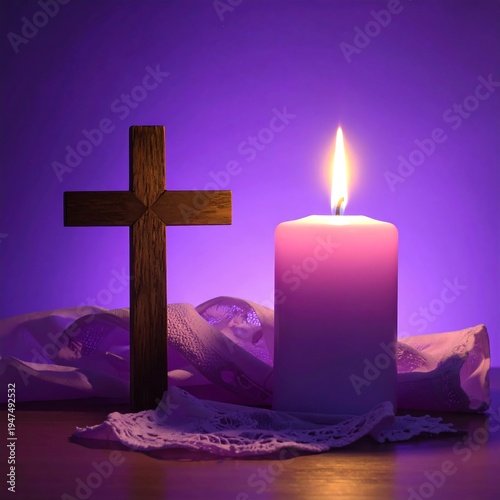 A serene still life with a lit candle and a wooden cross