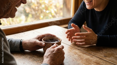 Authentic Intergenerational Connection concept. Two people smiling and chatting over coffee at a wooden table by a window.