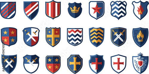 Medieval shield vector set featuring heraldic crests, royal crowns, crossed swords, and warrior emblems, isolated icons for gaming and historical designs.