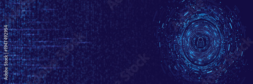 Cybersecurity padlock icon inside blue digital HUD circle with data matrix code, secure online data protection technology banner background