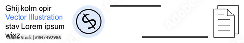 Finance, documentation, access control, secure payments, file management, transactions. Circular dollar sign icon and document . Finance and secure payments concept