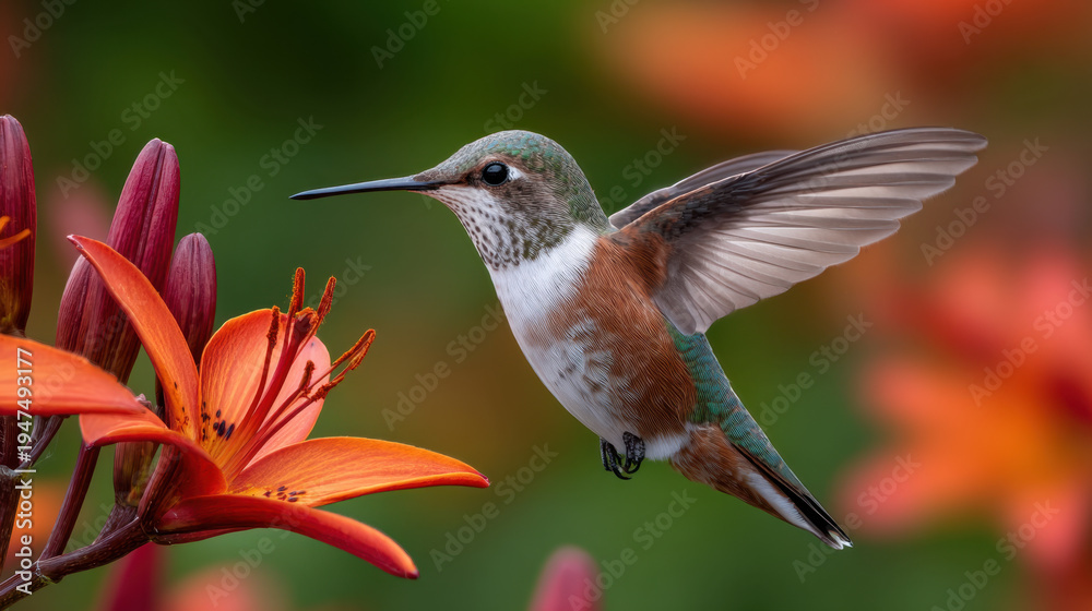 Naklejka premium Rufous and green hummingbird hovering beside orange lily blossom gathering nectar with blurred garden background, delicate wings beating and fine feather detail visible