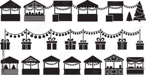 Christmas Market Stall and Decoration Icons Set