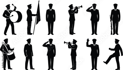 Military Ceremony Silhouette Set Featuring Soldiers Saluting Marching Band Drummers Trumpeters And Flag Bearers Isolated On White Background Vector Illustration