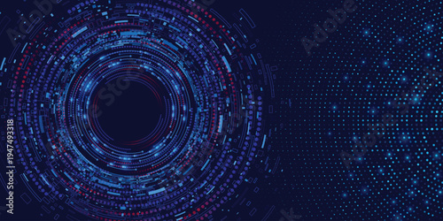 Blue and red digital technology circle tunnel with halftone dots on dark background, futuristic data network banner