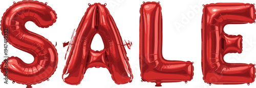 Red foil balloon sale sign vector illustration featuring 3D shiny inflatable letters isolated on white background for marketing and promotions.