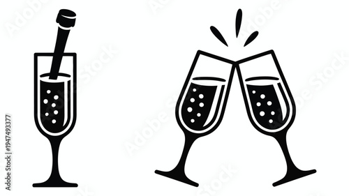 celebrating with champagne two glasses toasting in black silhouette, elegant sparkling wine celebration concept for party wedding anniversary and new year event, festive drink symbol illustration.