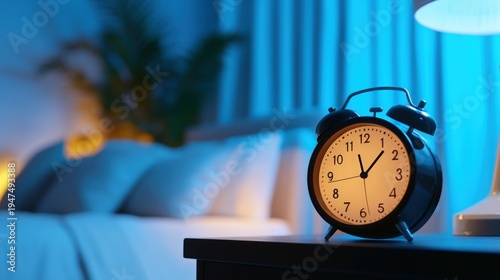 Vintage alarm clock on bedside table at night