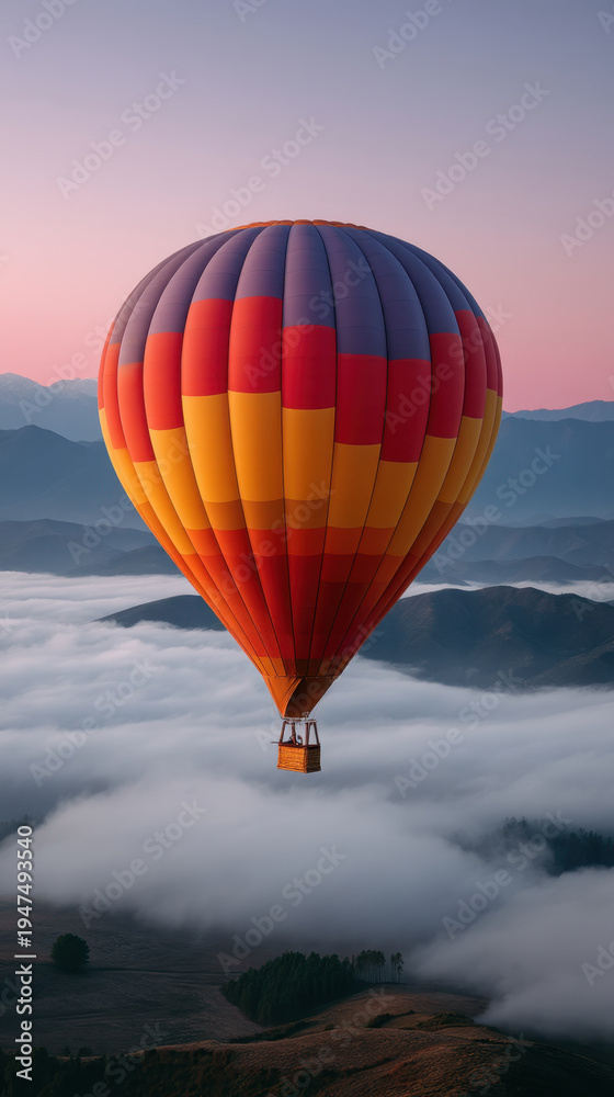 Fototapeta premium Colorful hot air balloon floating above sea of clouds over mountain ridges at sunrise, serene atmosphere and soft pastel sky create peaceful, dreamy travel scene