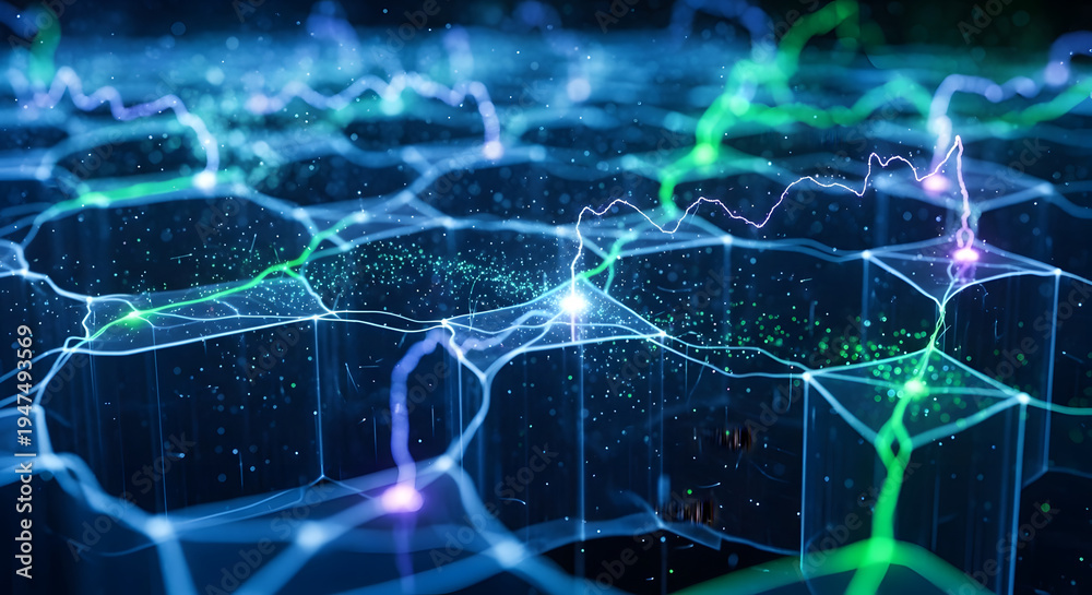 Obraz premium Abstract 3D rendering of interconnected neural networks with glowing nodes and pathways.