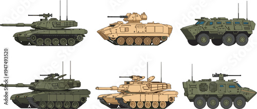 "Six illustrated armored military vehicles in two rows showing tanks, infantry fighting vehicles, and armored personnel carriers, defense machinery artwork, warfare technology engineering 