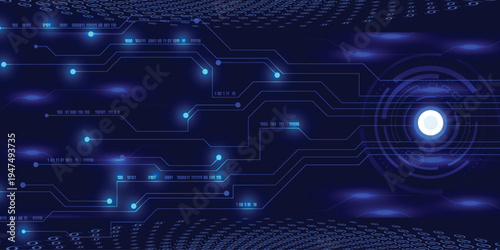 Blue digital circuit board with binary code rain and glowing HUD circle, cybersecurity data network technology background banner