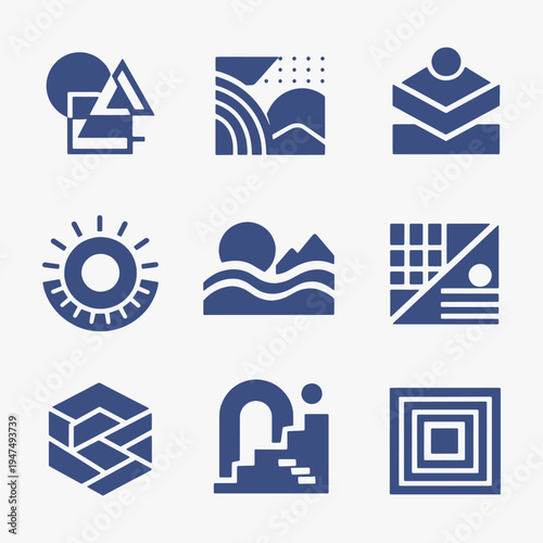 Geometric shapes convey modern design and digital concepts. Icons suit interfaces, infographics, and presentation slides.