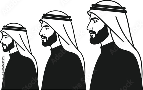 Three profiles of handsome Arab men wearing traditional thobe and ghutra, minimalist black and white vector illustration for Middle East concepts.