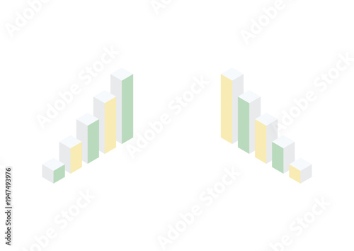 1つの面の色が異なる5本の棒で構成された棒グラフのアイソメトリックデザイン（イエロー・グリーン）