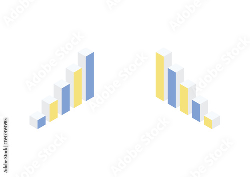 1つの面の色が異なる5本の棒で構成された棒グラフのアイソメトリックデザイン（イエロー・ブルー）