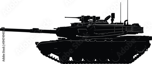 "Black silhouette illustration of modern main battle tank side profile with long barrel, armored combat vehicle design, defense machinery artwork, warfare technology engineering concept"