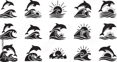 Dolphin Wave Sun Black and White Icon Set