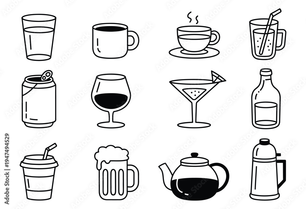 Obraz premium beverages and drinks hand-drawn outline icons set, refreshment doodle collection with coffee tea juice soda cocktail water glass cup bottle and straw elements for cafe menu design illustration.