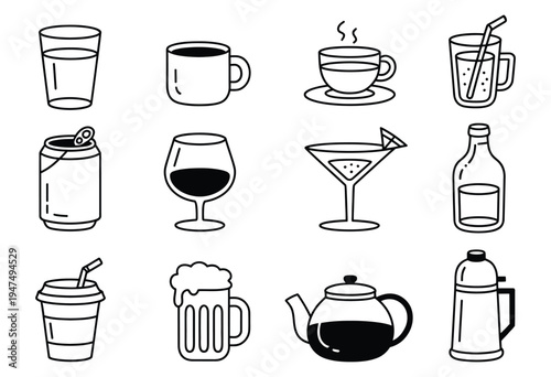 beverages and drinks hand-drawn outline icons set, refreshment doodle collection with coffee tea juice soda cocktail water glass cup bottle and straw elements for cafe menu design illustration.