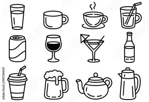 beverages and drinks hand-drawn outline icons set, refreshment doodle collection with coffee tea juice soda cocktail water glass cup bottle and straw elements for cafe menu design illustration.