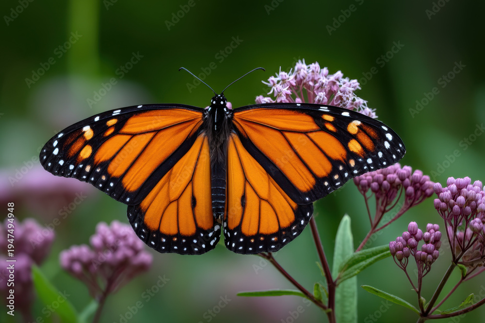Fototapeta premium Monarch butterfly perched on purple milkweed blossom in garden with green bokeh background, vibrant orange wings and delicate floral detail conveying calm natural beauty