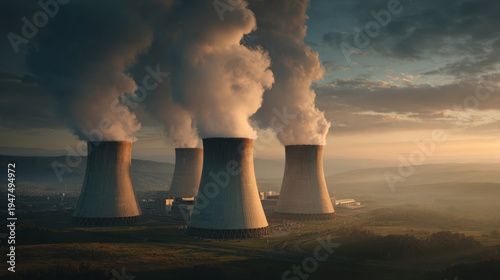 Wallpaper Mural Four cooling tower steam plumes rising over nuclear power plant at sunrise with dramatic clouds and misty landscape Torontodigital.ca