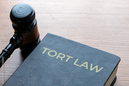 Photos A judge's gavel beside a closed book titled TORT LAW on a wooden desk