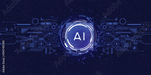 Futuristic AI Technology Interface Background – Neon Blue Digital Circuit Board, Machine Learning Data Network