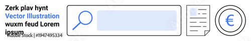 Online search, financial transactions, digital tools, currency exchange, data review, technology services. Search bar, document and euro coin. Online search and financial transactions concept